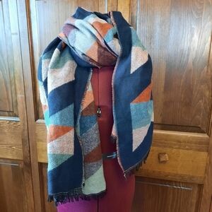 14th & Union oversized blue orange geometric pattern long knit scarf